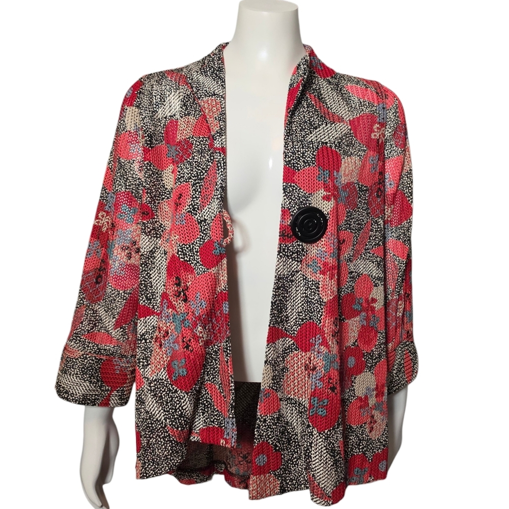 IC By Connie K Collection Jacket Red Floral Knitted Jacquard Kimono sz S - Picture 9 of 14